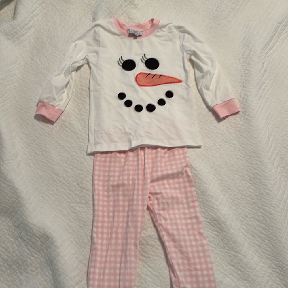 4T Pink gingham Snowman matching set